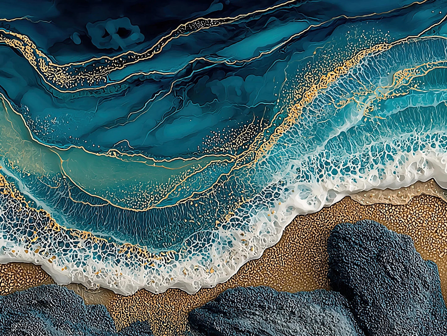 Panoramic Ocean Waves Canvas, Abstract Gold Leaf Coastal Art, Teal Blue Seascape, Textured Beach Wall Decor, Long Horizontal Statement Wall Art – Canvas Print