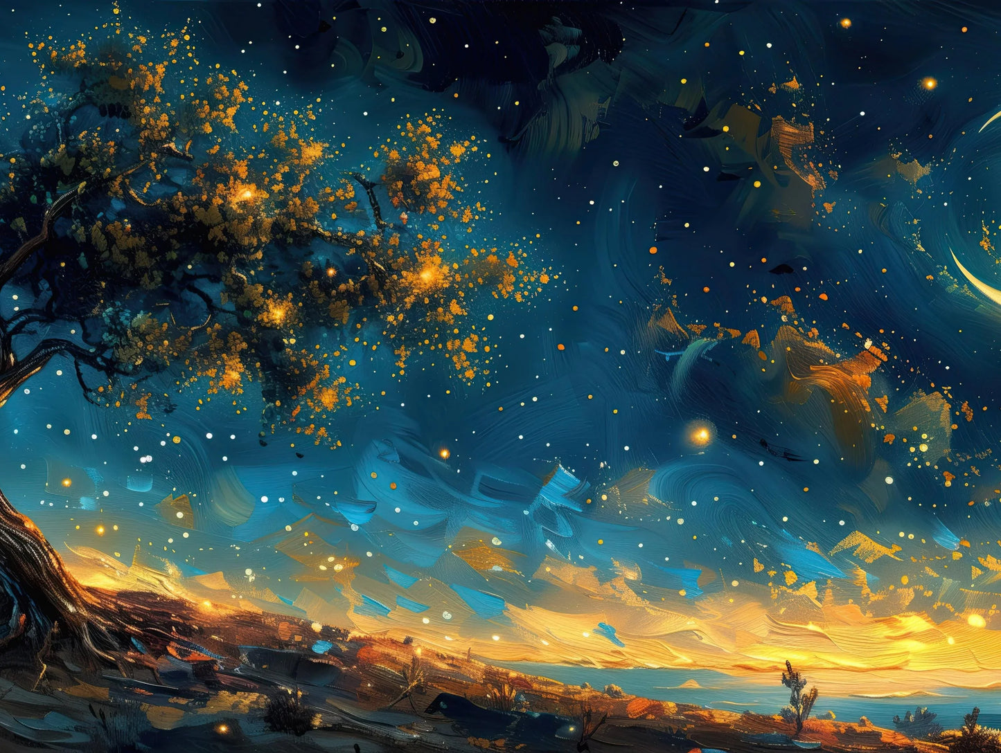 Glowing Tree Moonlit Landscape Canvas | Starry Night Nature Wall Art | Ethereal Tree of Life Print | Panoramic Fantasy Decor Wall Art – Canvas Print