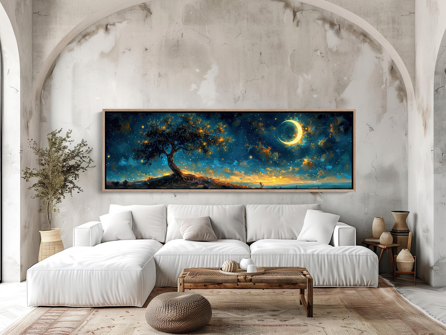 Glowing Tree Moonlit Landscape Canvas | Starry Night Nature Wall Art | Ethereal Tree of Life Print | Panoramic Fantasy Decor Wall Art – Canvas Print