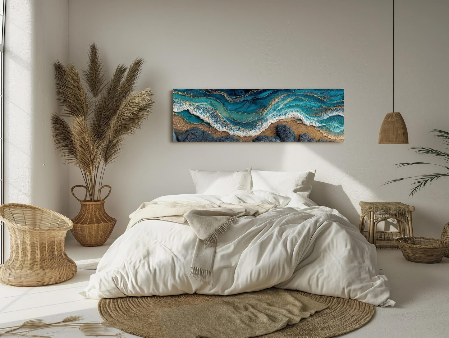 Panoramic Ocean Waves Canvas, Abstract Gold Leaf Coastal Art, Teal Blue Seascape, Textured Beach Wall Decor, Long Horizontal Statement Wall Art – Canvas Print