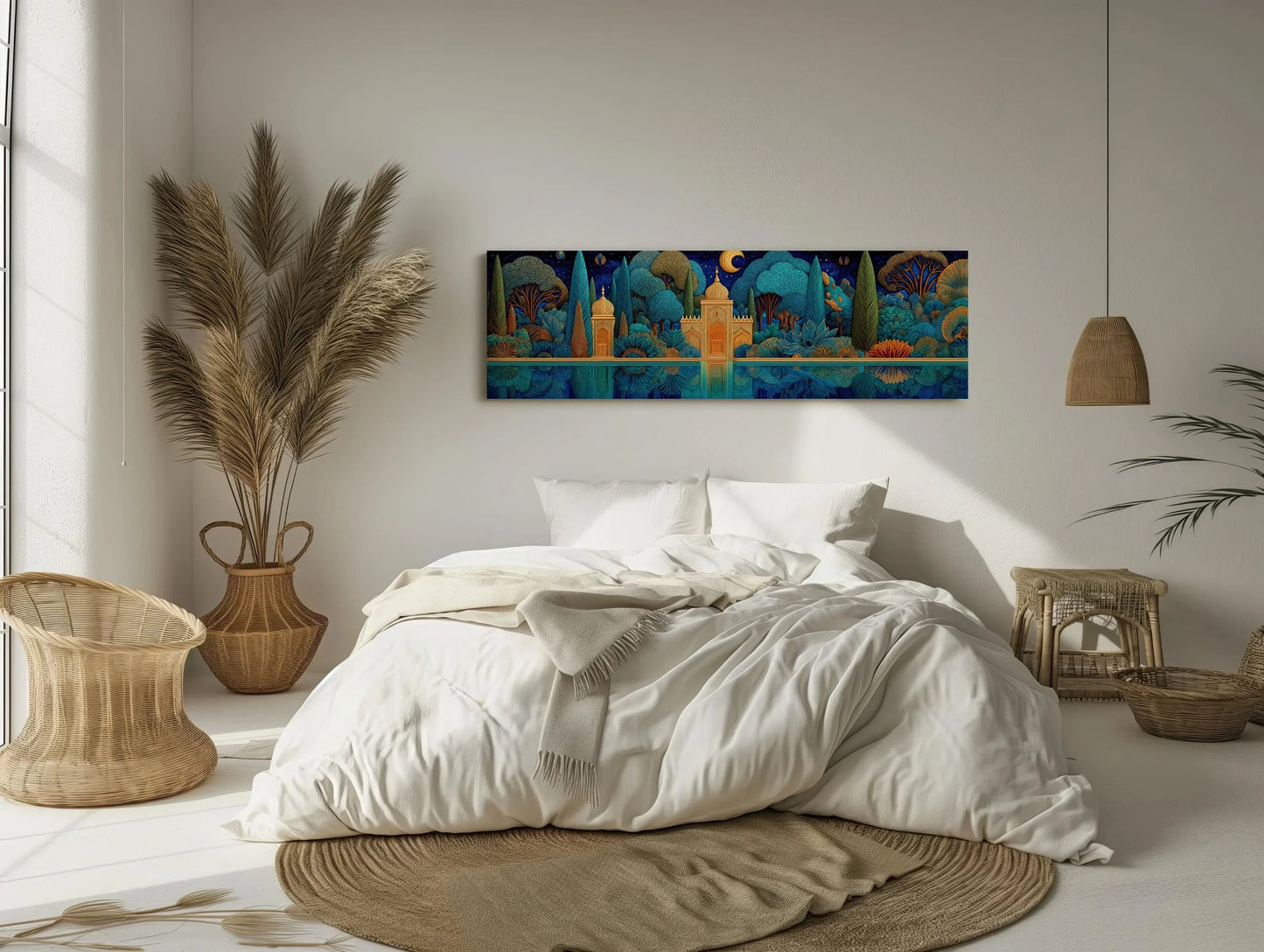 Panoramic Mughal Garden Canvas, Night Scene Wall Art, Indian Palace Print, Blue Gold Landscape, Mystical Reflection, Long Horizontal Art Wall Art – Canvas Print