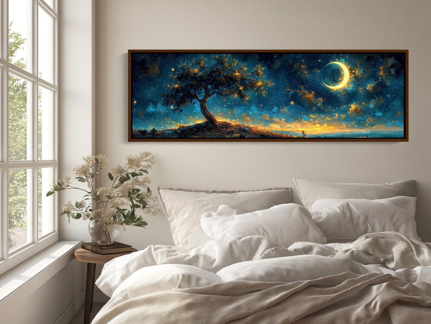 Glowing Tree Moonlit Landscape Canvas | Starry Night Nature Wall Art | Ethereal Tree of Life Print | Panoramic Fantasy Decor Wall Art – Canvas Print