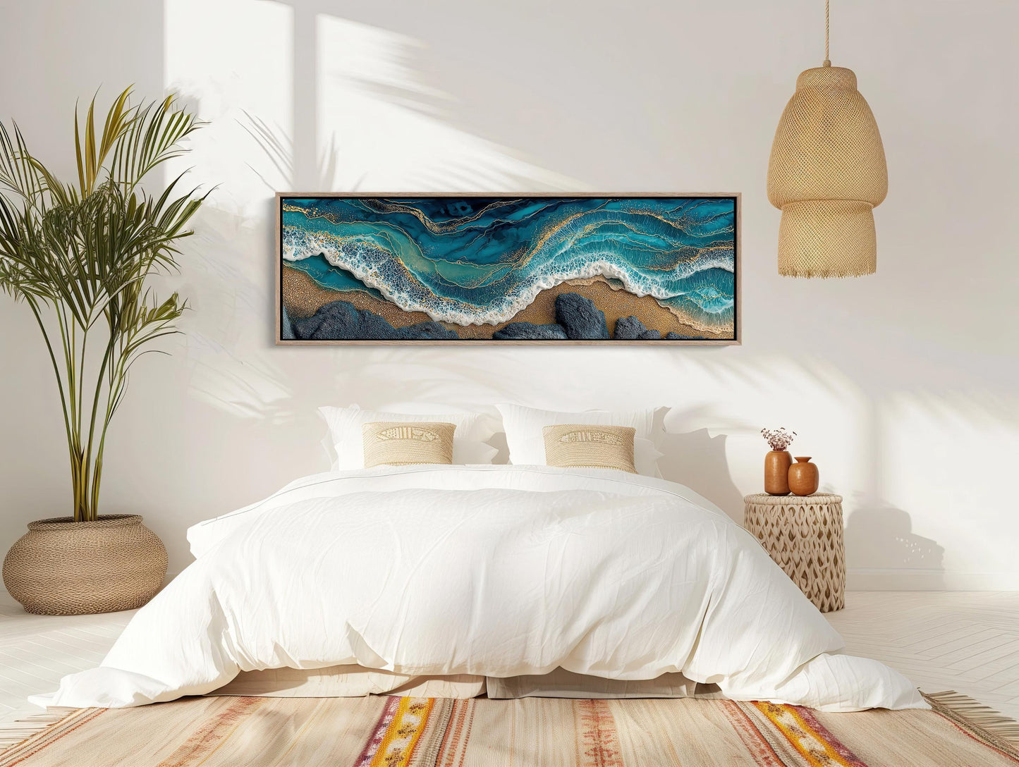 Panoramic Ocean Waves Canvas, Abstract Gold Leaf Coastal Art, Teal Blue Seascape, Textured Beach Wall Decor, Long Horizontal Statement Wall Art – Canvas Print