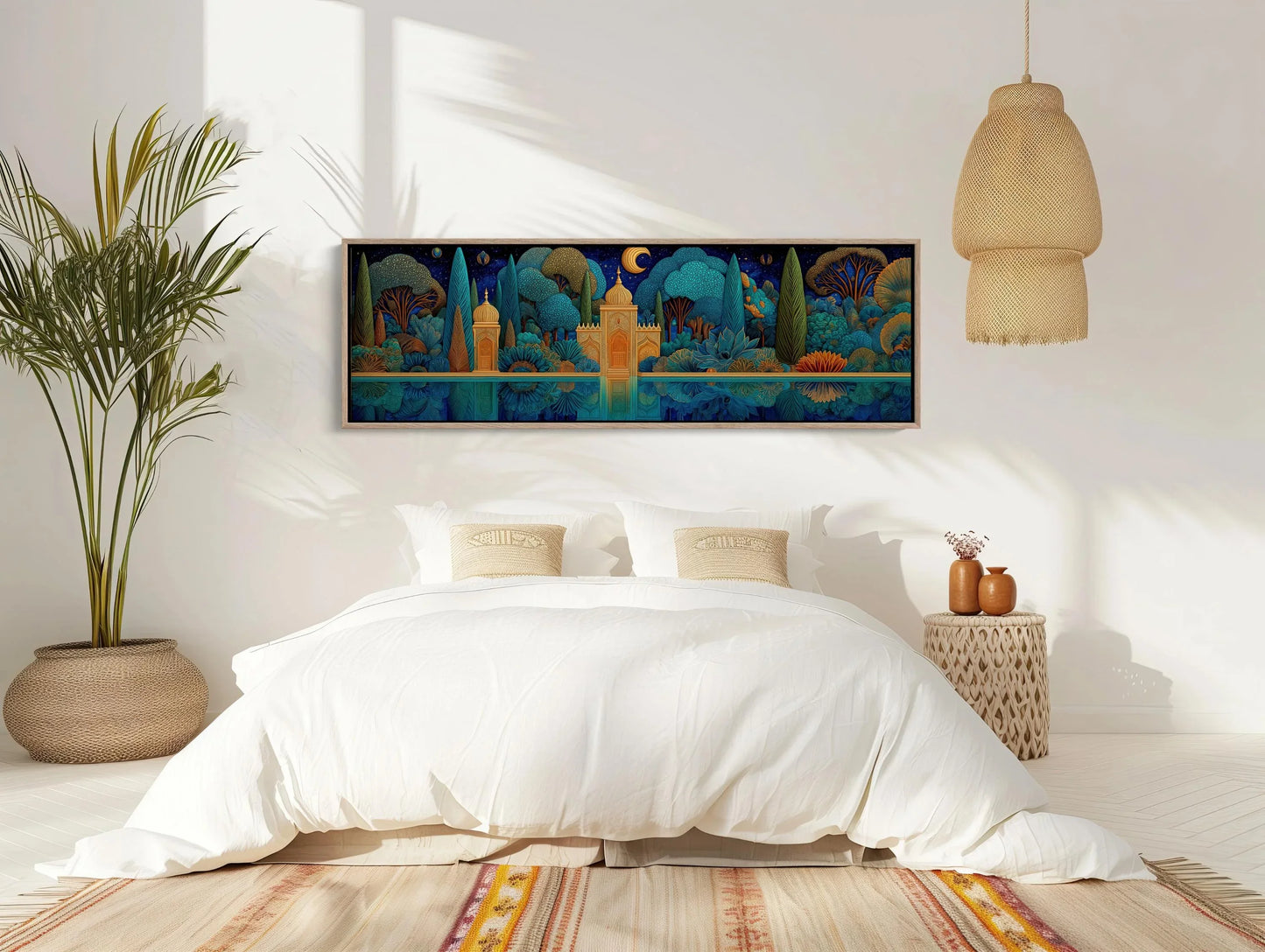 Panoramic Mughal Garden Canvas, Night Scene Wall Art, Indian Palace Print, Blue Gold Landscape, Mystical Reflection, Long Horizontal Art Wall Art – Canvas Print