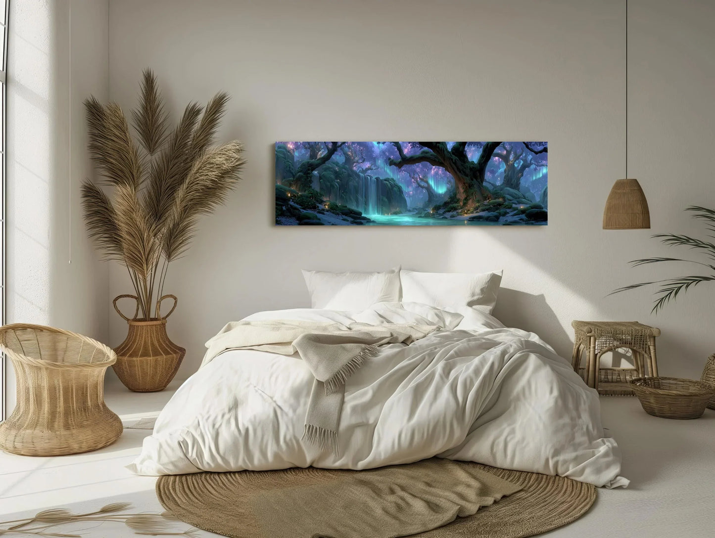 Enchanted Forest Waterfall Canvas | Mystical Aurora Borealis Wall Art | Glowing River Landscape Print | Fantasy Nature Decor Wall Art – Canvas Print