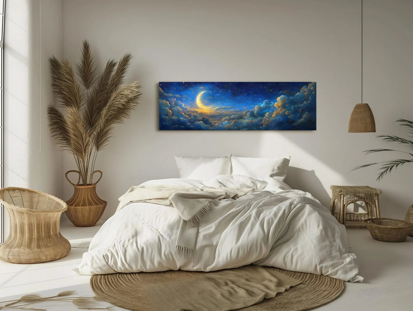 Golden Moon Textured Clouds Canvas | Mystical Night Sky Wall Art | Dramatic Celestial Decor | Panoramic Giclée Print Wall Art – Canvas Print