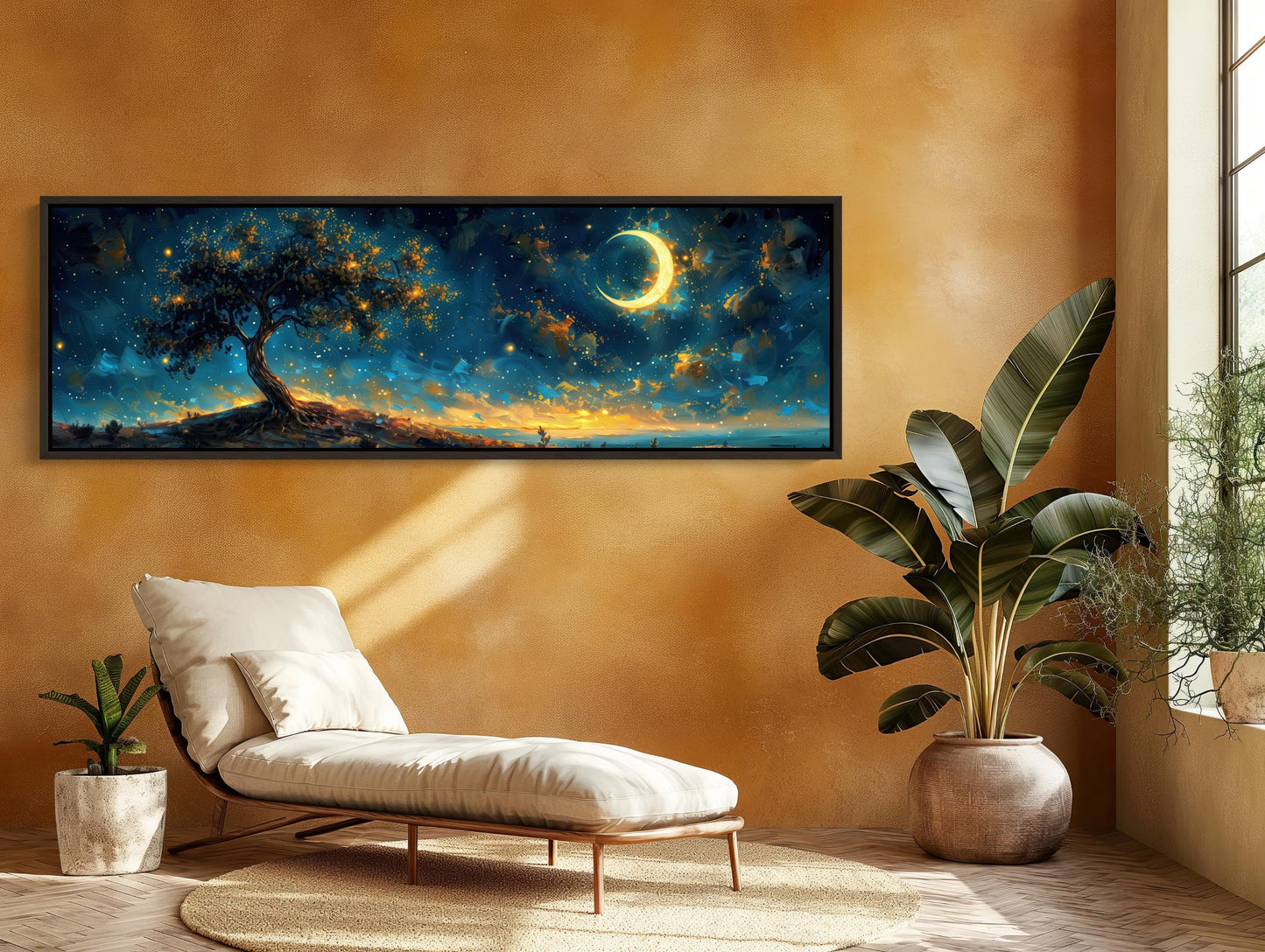 Glowing Tree Moonlit Landscape Canvas | Starry Night Nature Wall Art | Ethereal Tree of Life Print | Panoramic Fantasy Decor Wall Art – Canvas Print