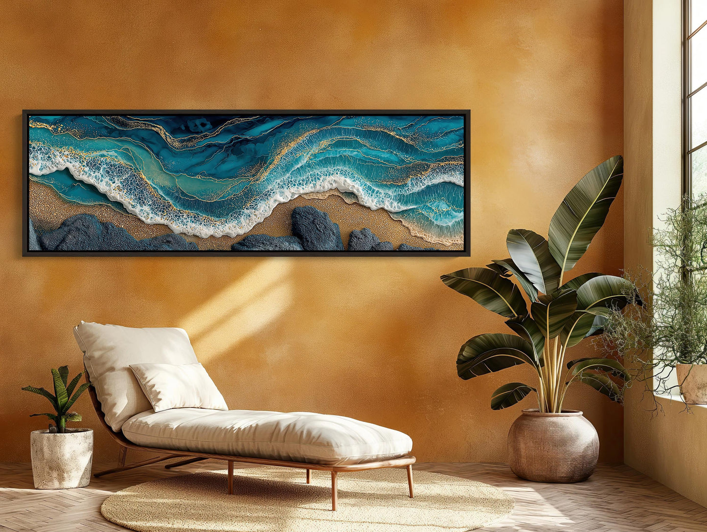 Panoramic Ocean Waves Canvas, Abstract Gold Leaf Coastal Art, Teal Blue Seascape, Textured Beach Wall Decor, Long Horizontal Statement Wall Art – Canvas Print