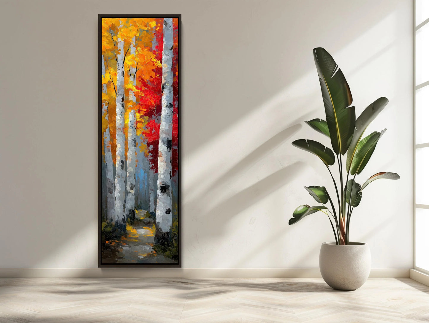 Long Vertical Birch Tree Canvas, Autumn Forest Wall Art, Orange Red Abstract Print, Tall Narrow Aspen Decor, Textured Impasto Style Wall Art – Canvas Print