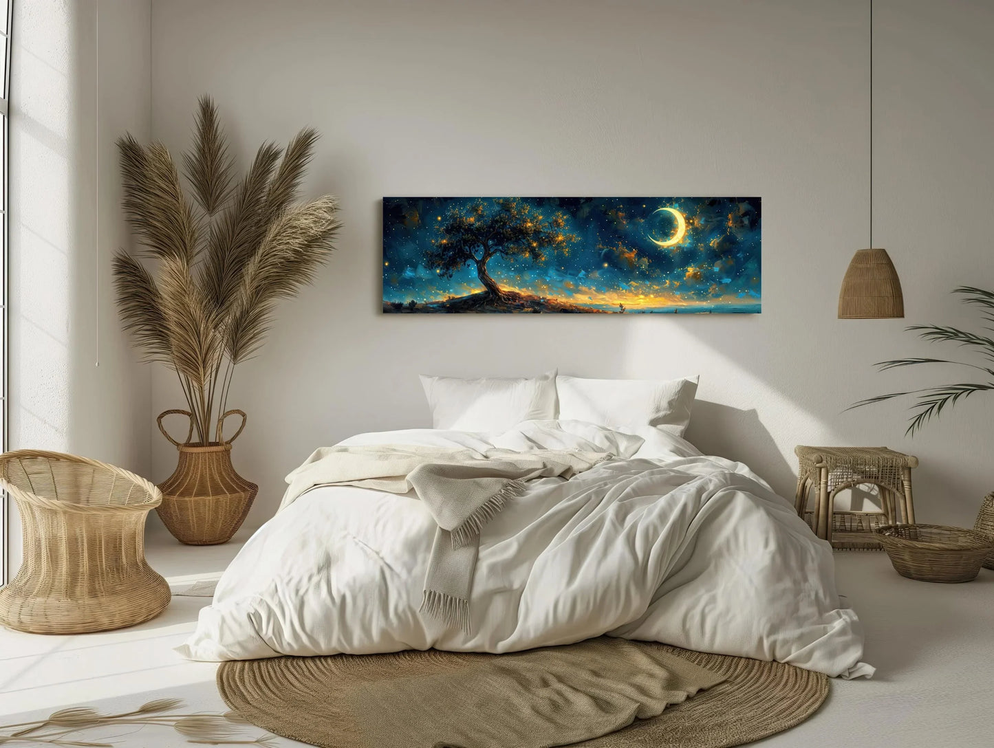 Glowing Tree Moonlit Landscape Canvas | Starry Night Nature Wall Art | Ethereal Tree of Life Print | Panoramic Fantasy Decor Wall Art – Canvas Print