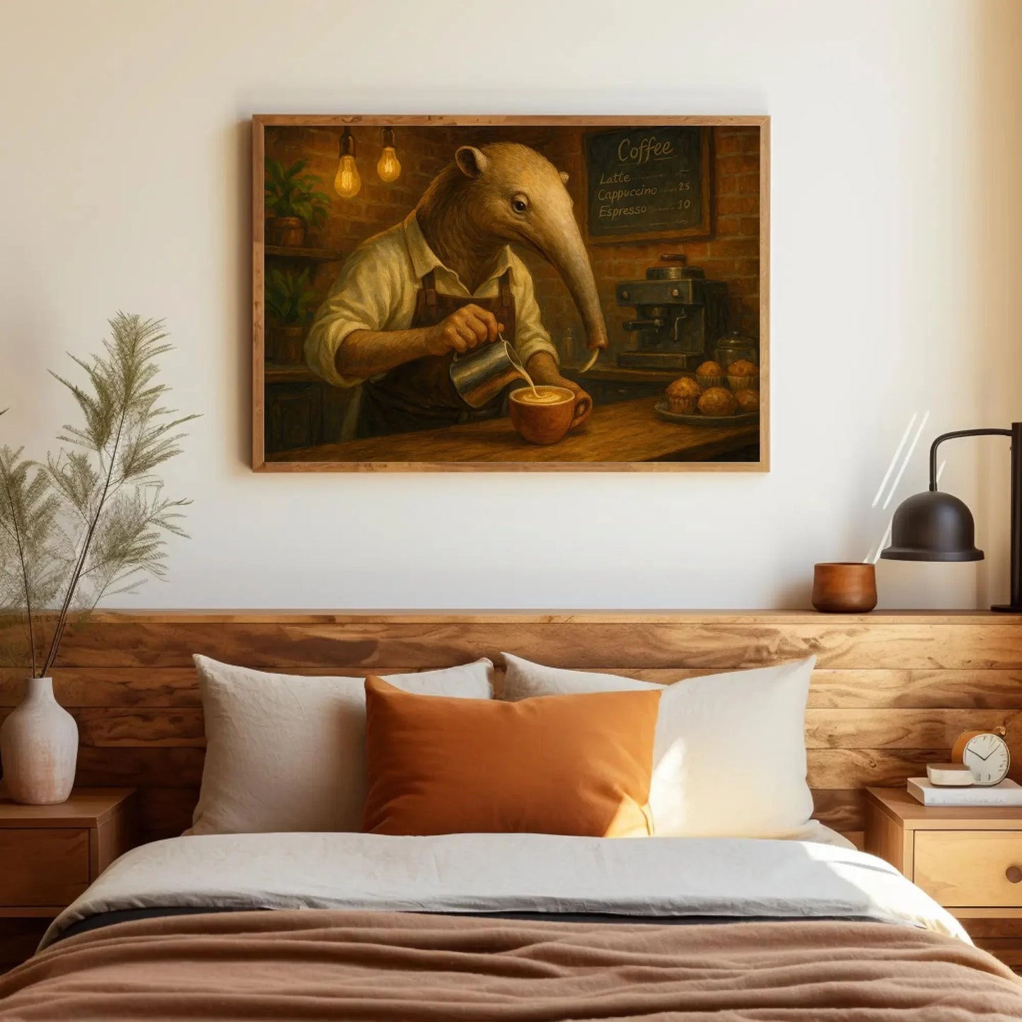 Anthropomorphic Anteater Barista Canvas Print | Coffee Shop Wall Art | Quirky Animal Kitchen Decor | Unique Coffee Lover Gift Wall Art – Canvas Print