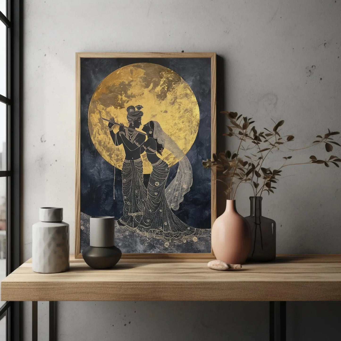 Radha Krishna Under Golden Moon Canvas Painting Print, Hindu Spiritual Wall Decor, Lord Krishna Indian God Artwork for Home, Ready to Hang Wall Art – Canvas Print