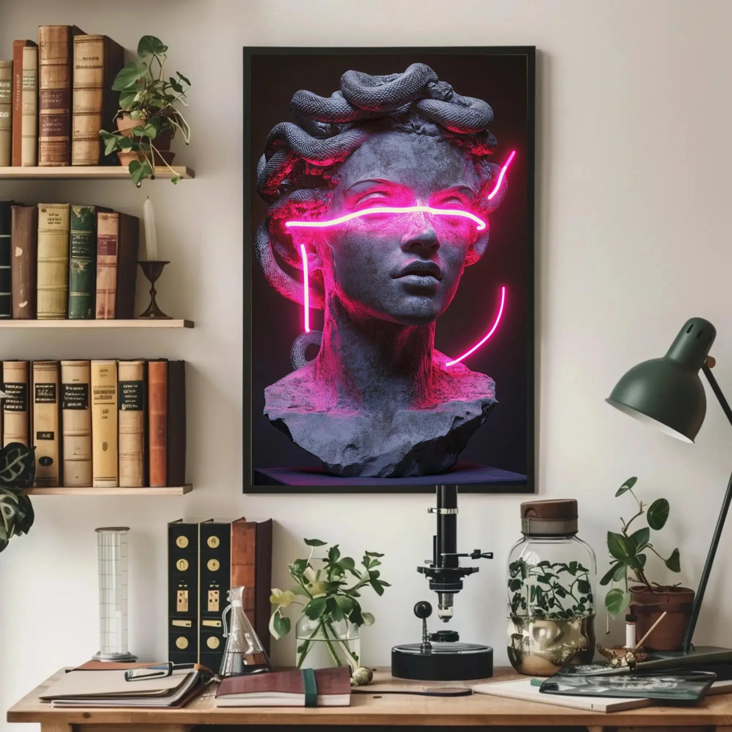 Neon Medusa Canvas Print, Extra Large Cyberpunk Greek Statue Wall Art, Modern Pink Neon Decor for Studio, Bedroom, Alternative Gallery Space Wall Art – Canvas Print