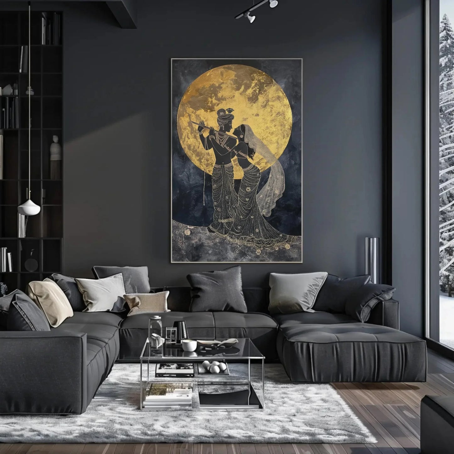Radha Krishna Under Golden Moon Canvas Painting Print, Hindu Spiritual Wall Decor, Lord Krishna Indian God Artwork for Home, Ready to Hang Wall Art – Canvas Print