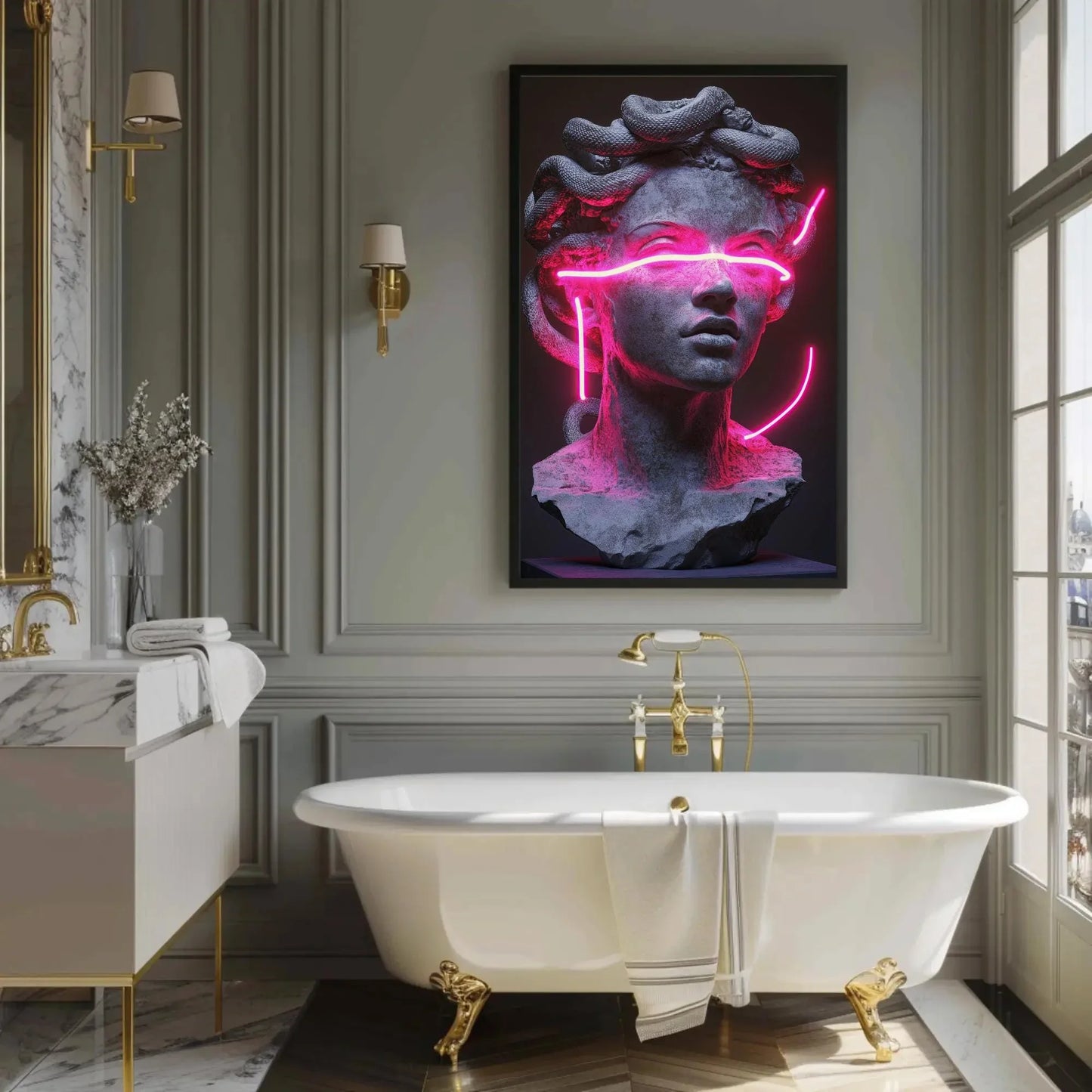 Neon Medusa Canvas Print, Extra Large Cyberpunk Greek Statue Wall Art, Modern Pink Neon Decor for Studio, Bedroom, Alternative Gallery Space Wall Art – Canvas Print
