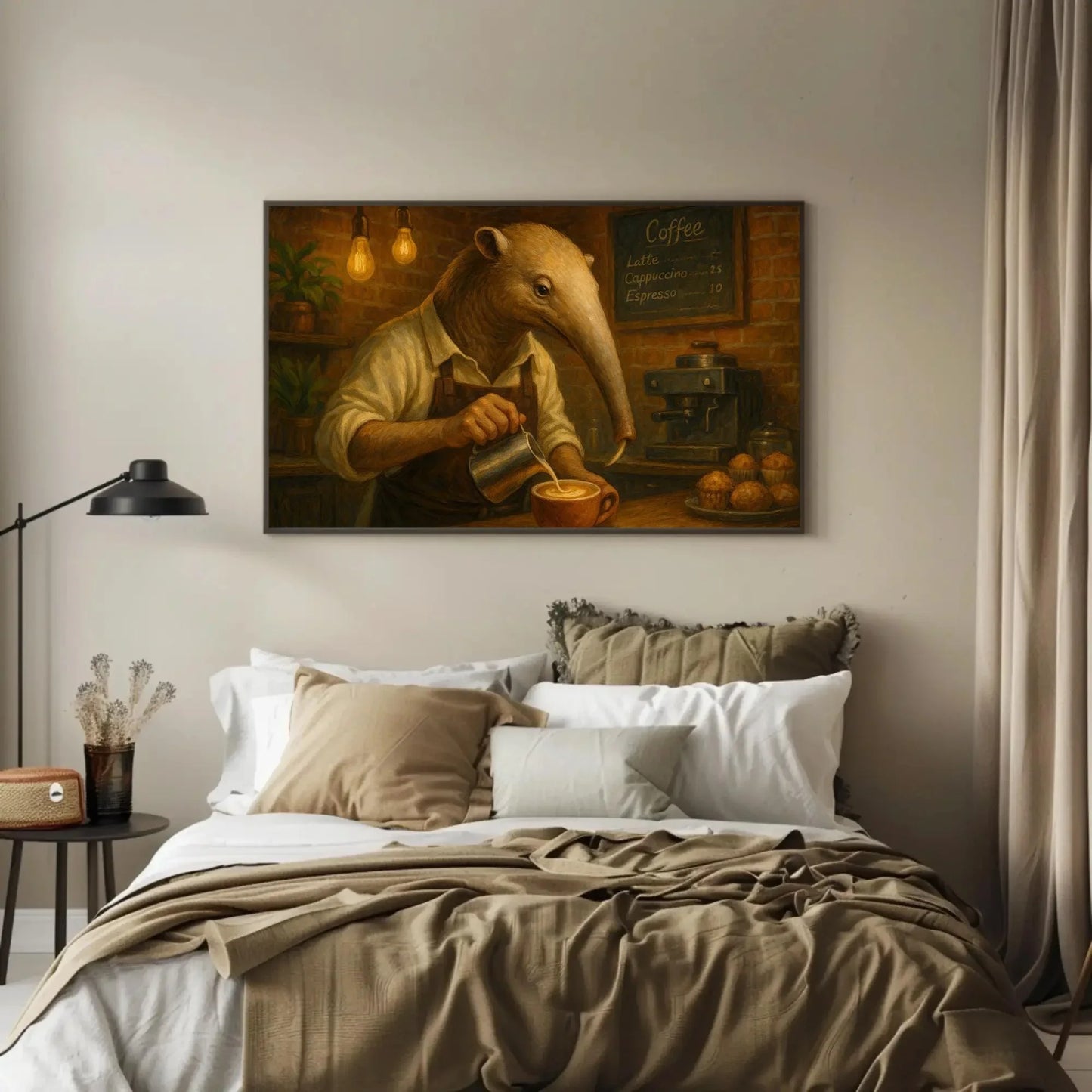 Anthropomorphic Anteater Barista Canvas Print | Coffee Shop Wall Art | Quirky Animal Kitchen Decor | Unique Coffee Lover Gift Wall Art – Canvas Print