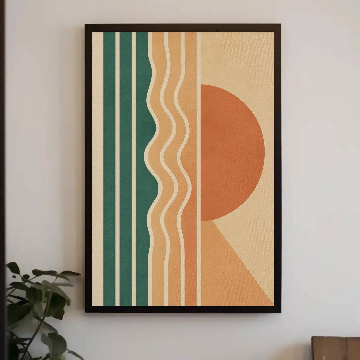 Retro Geometric Wall Art | 70s Style Sun and Waves Print | Mid Century Modern Canvas | Teal and Orange Decor for Living Room Wall Art – Canvas Print