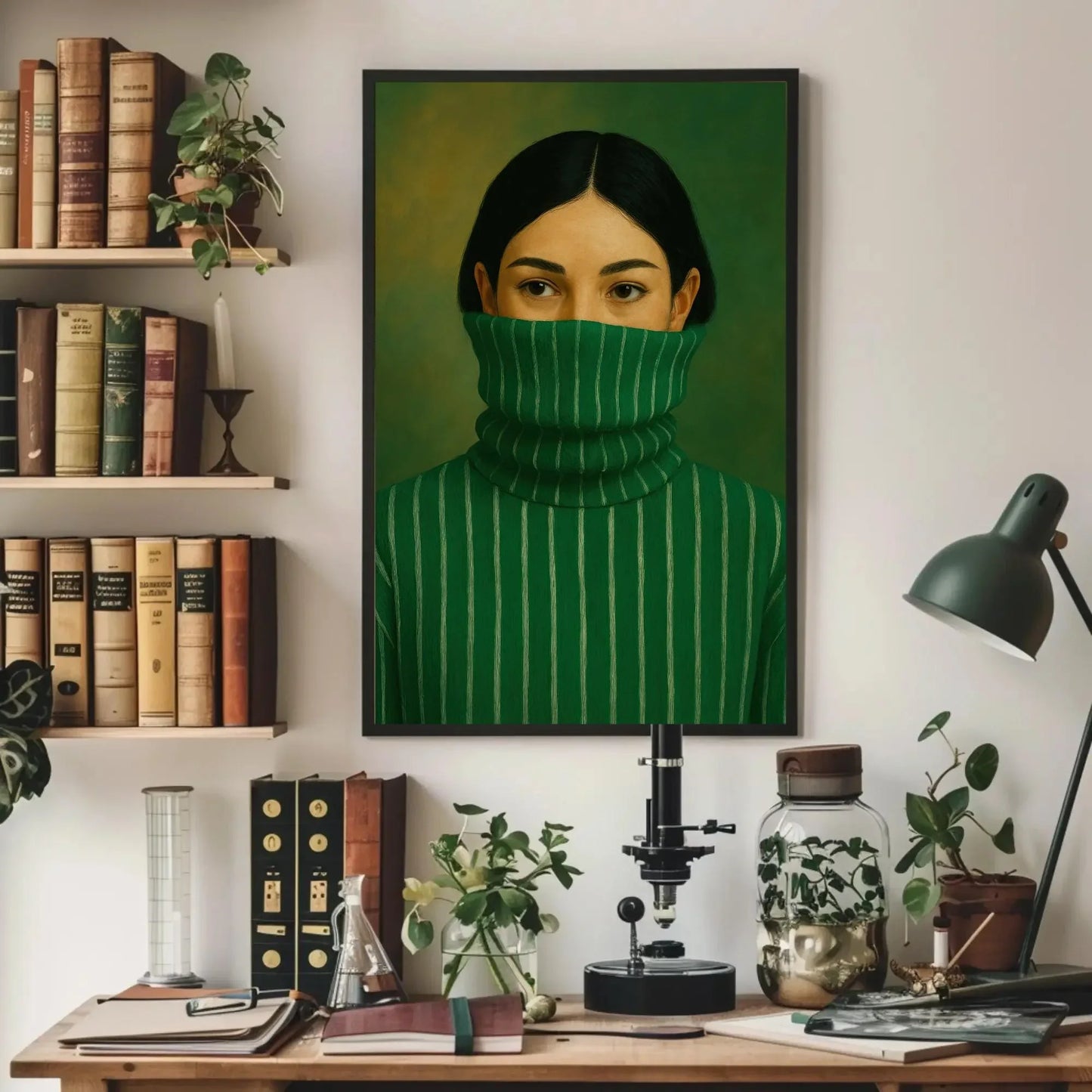 Modern Woman Portrait | Minimalist Green Wall Art | Mysterious Woman in Turtleneck Print | Chic Contemporary Fashion Poster Wall Art – Canvas Print