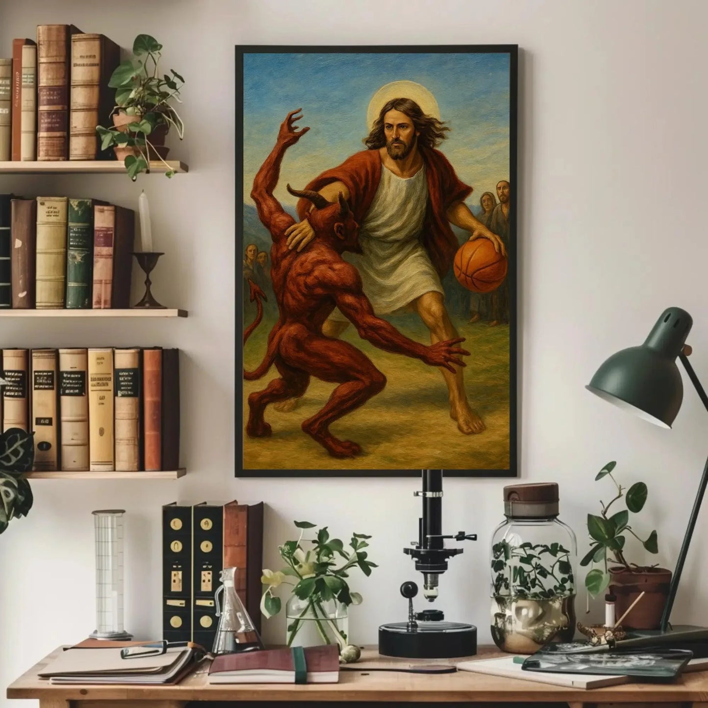 Funny jesus basketball canvas painting wall art for game room or ironic christian decor with devil one on one sports parody print Wall Art – Canvas Print