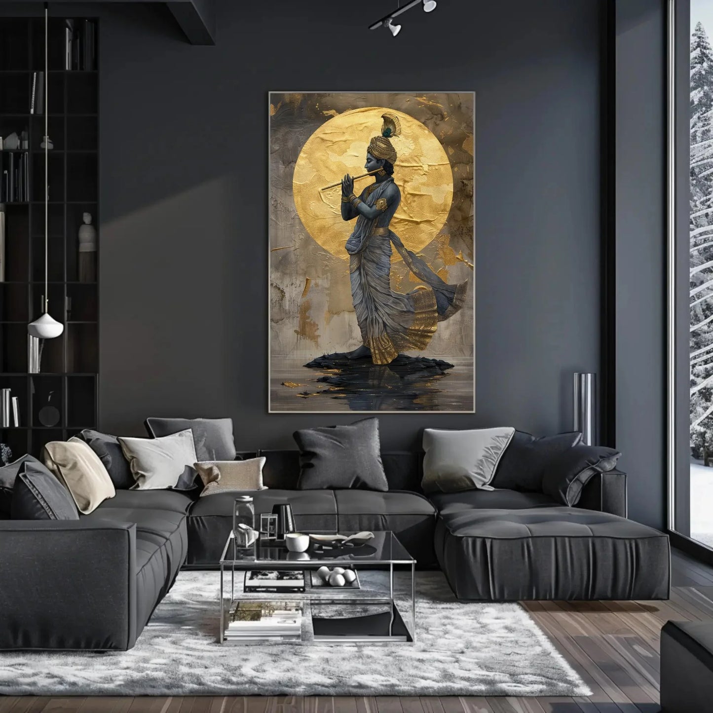 Lord Krishna Playing Flute Under Golden Moon Canvas Painting - Hindu Spiritual Wall Decor - Krishna Indian Artwork for Home, Ready to Hang Wall Art – Canvas Print