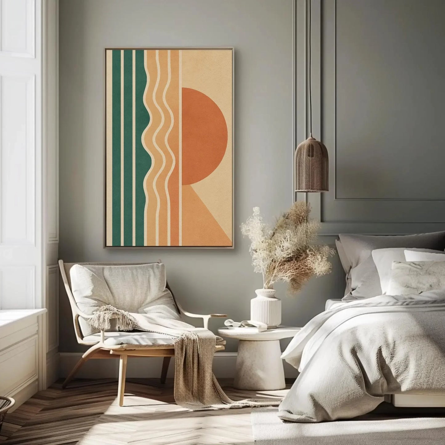 Retro Geometric Wall Art | 70s Style Sun and Waves Print | Mid Century Modern Canvas | Teal and Orange Decor for Living Room Wall Art – Canvas Print