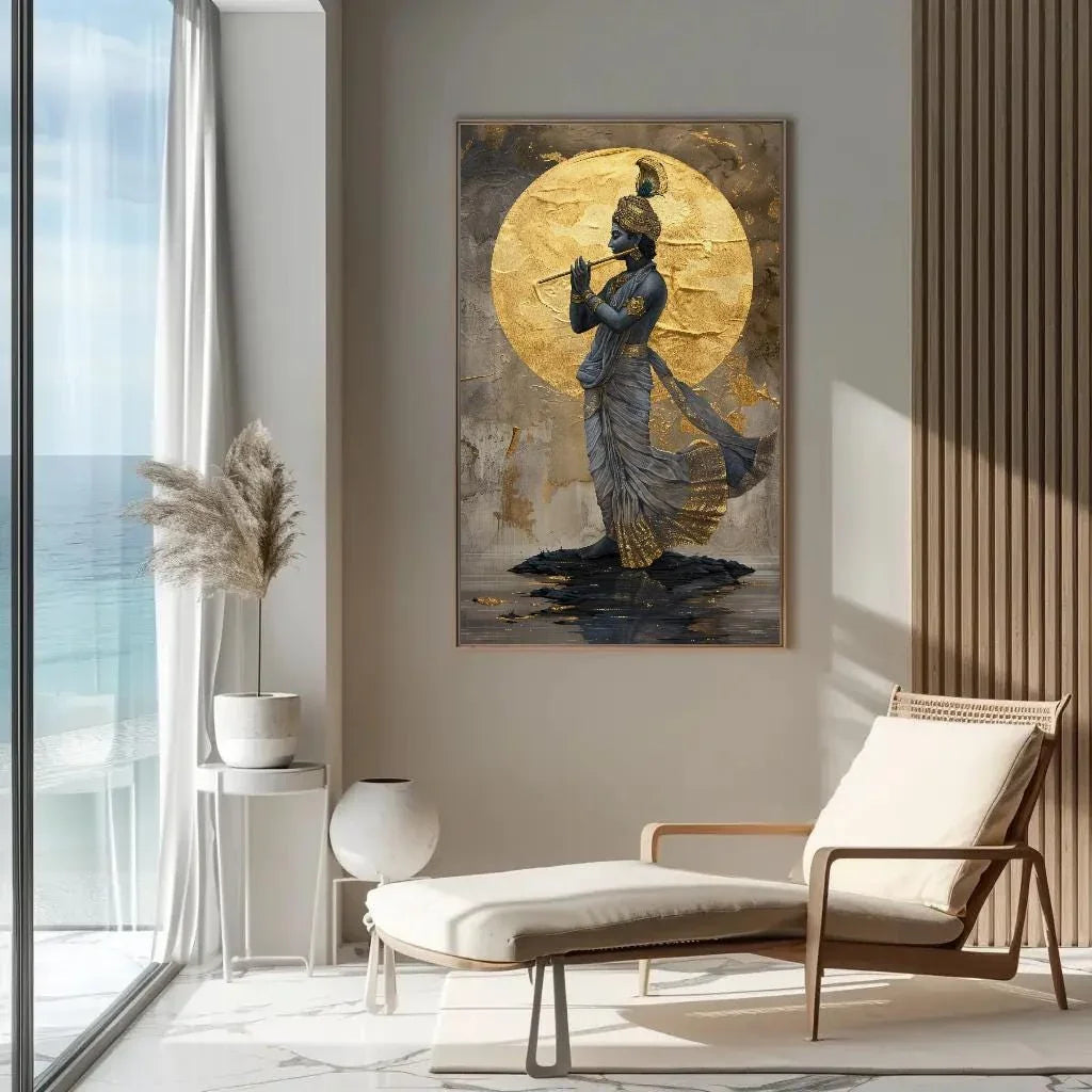 Lord Krishna Playing Flute Under Golden Moon Canvas Painting - Hindu Spiritual Wall Decor - Krishna Indian Artwork for Home, Ready to Hang Wall Art – Canvas Print