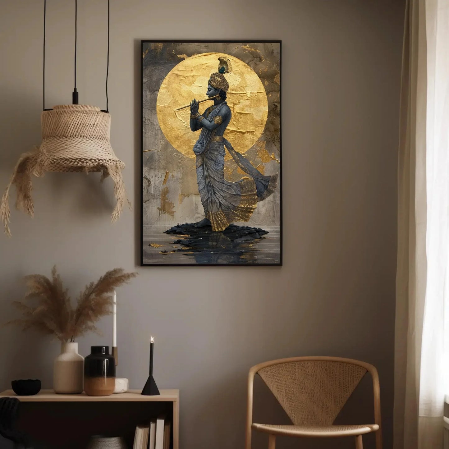 Lord Krishna Playing Flute Under Golden Moon Canvas Painting - Hindu Spiritual Wall Decor - Krishna Indian Artwork for Home, Ready to Hang Wall Art – Canvas Print