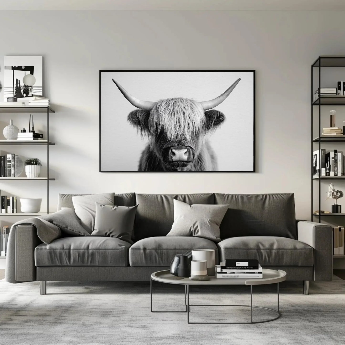 Majestic Highland Cow Canvas Print, Vintage Barn Wall Art, Cozy Rustic Farmhouse Photography for Living Room or Office Wall Art – Canvas Print