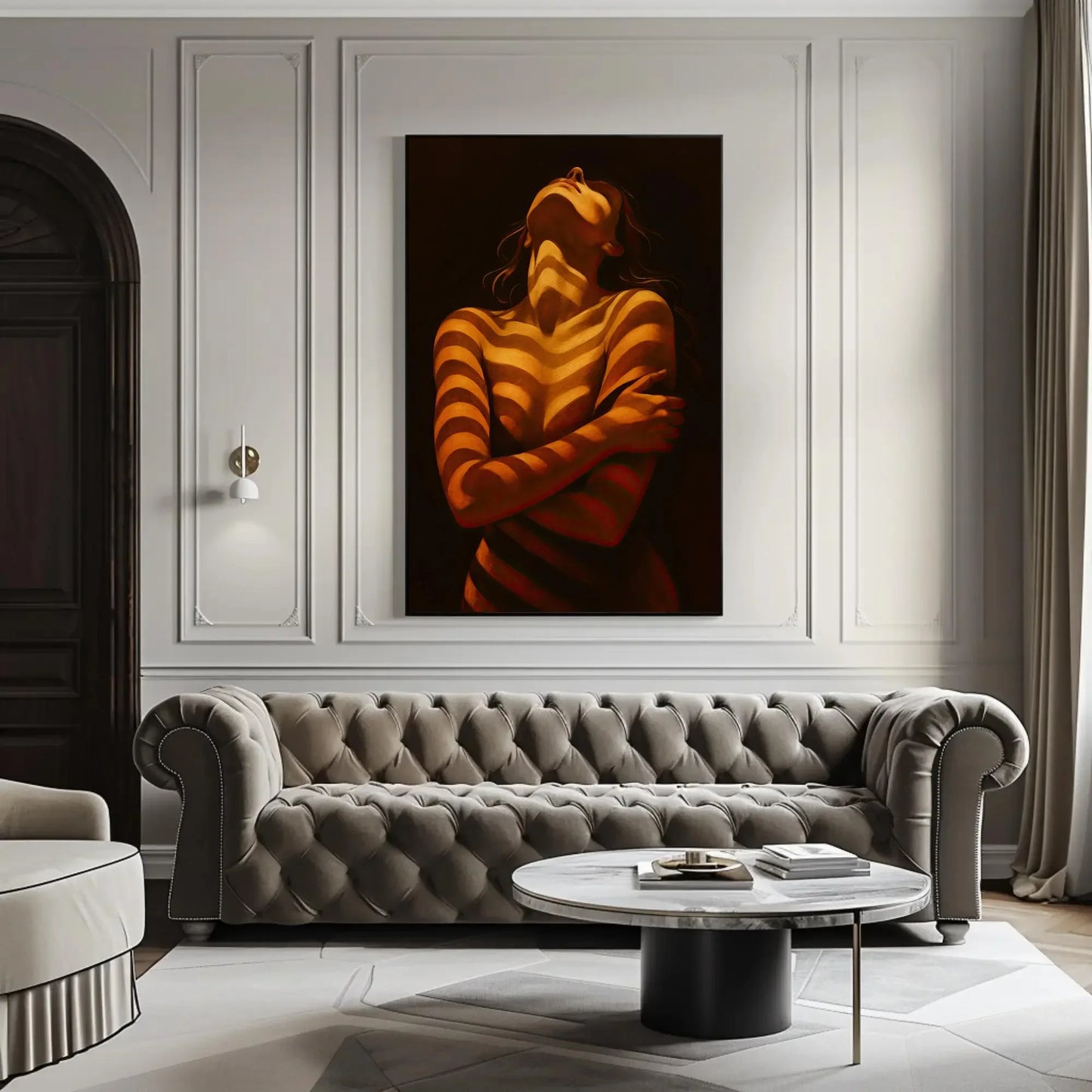 Woman in Shadow Print | Moody Figurative Wall Art | Chiaroscuro Female Form Painting | Sensual Art for Bedroom Decor Wall Art – Canvas Print