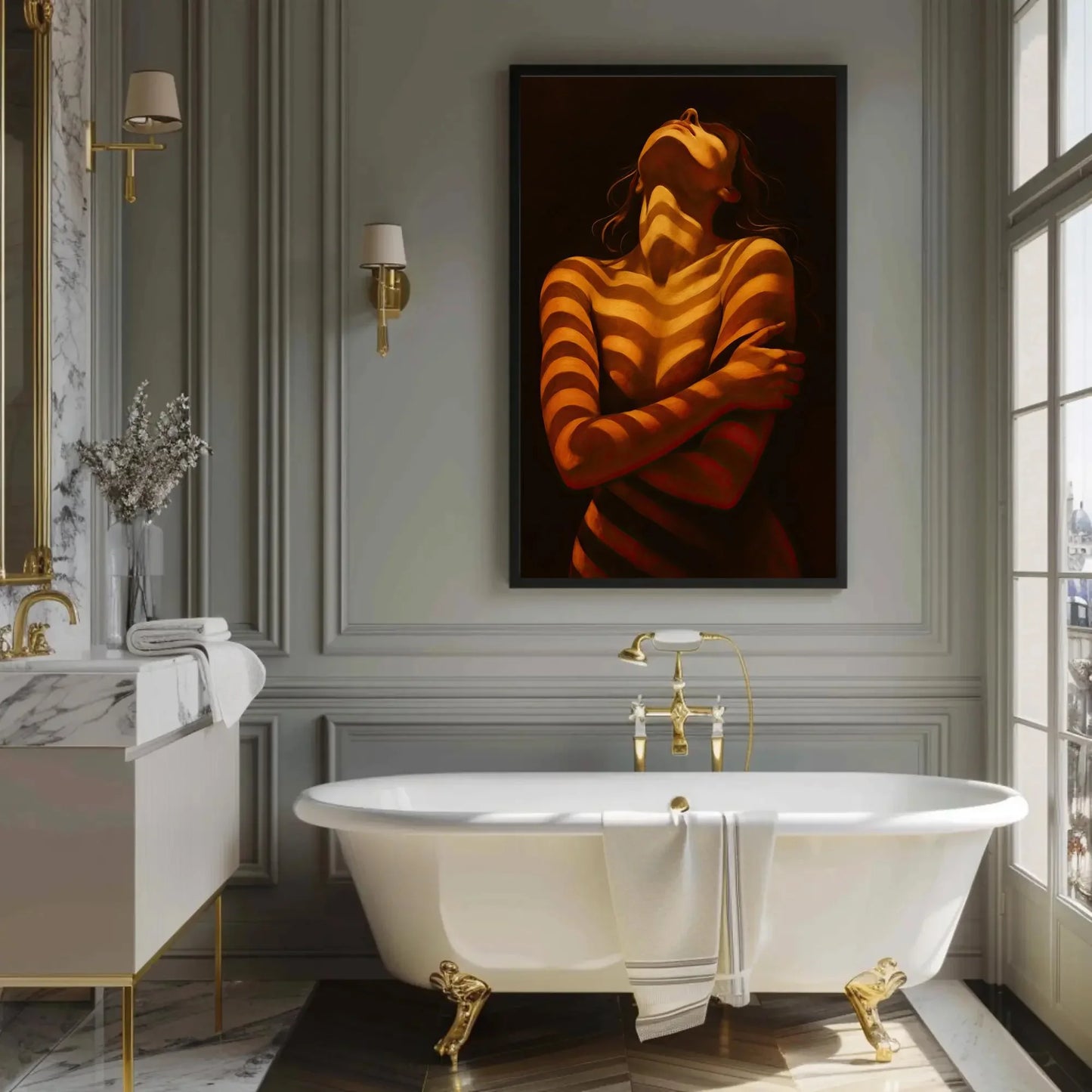 Woman in Shadow Print | Moody Figurative Wall Art | Chiaroscuro Female Form Painting | Sensual Art for Bedroom Decor Wall Art – Canvas Print