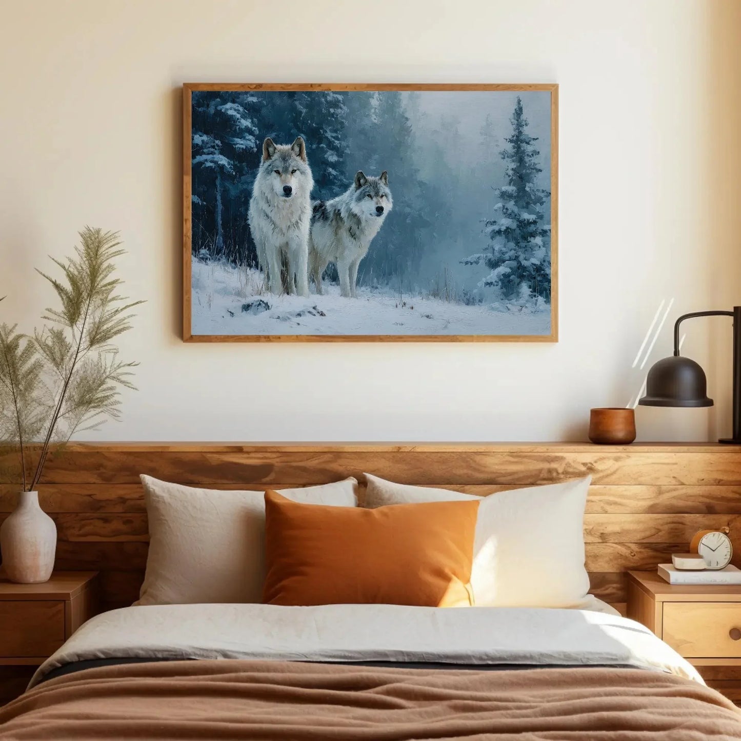 Wolf Pack Canvas Print | Winter Wolves Painting in Snowy Forest | Rustic Cabin Decor | Moody Wildlife Wall Art for Living Room or Office Wall Art – Canvas Print