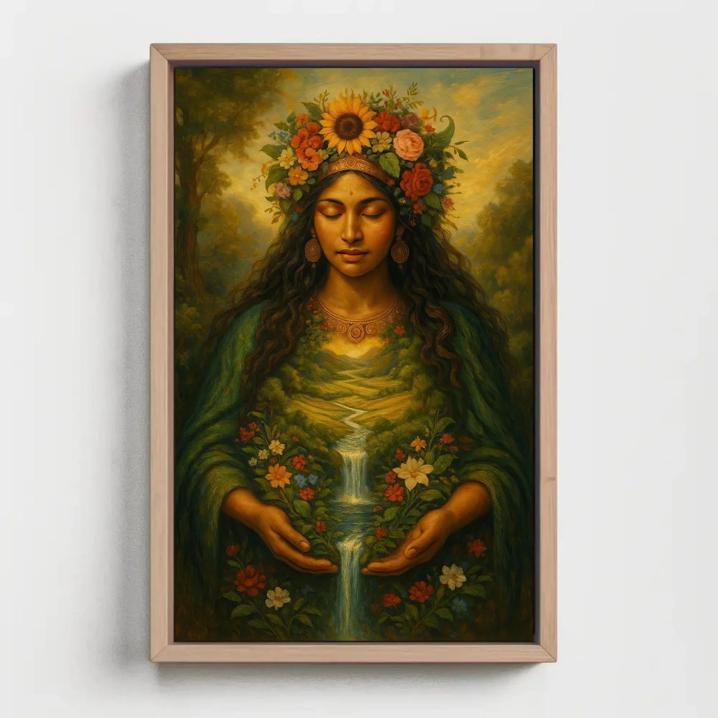Pachamama earth goddess canvas painting wall art for nature inspired home decor with floral river landscape and divine feminine spirit Wall Art – Canvas Print