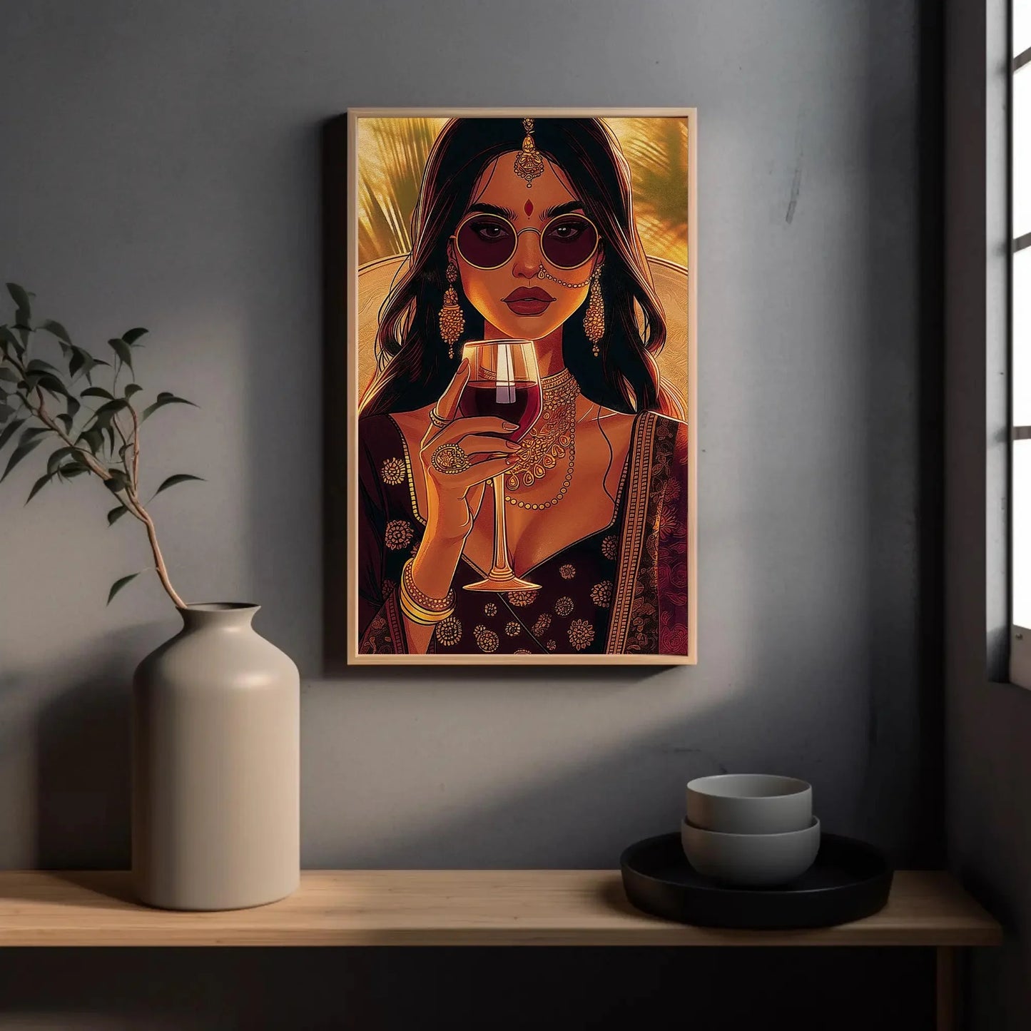 Stylish Indian Woman Drinking Wine Wall Art, Framed Canvas Print, Indian Desi Wall art, Brown Girl Print, South Asian Wall Art Gift Wall Art – Canvas Print