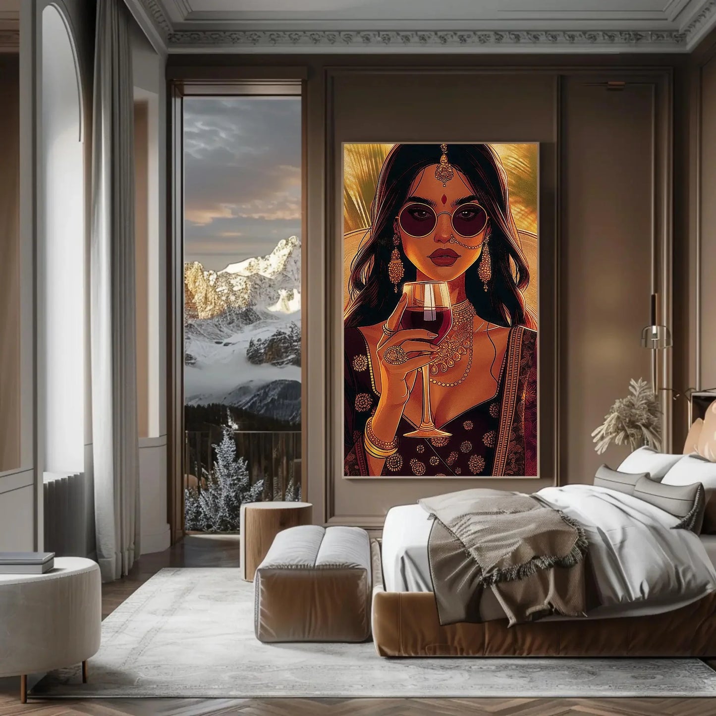 Stylish Indian Woman Drinking Wine Wall Art, Framed Canvas Print, Indian Desi Wall art, Brown Girl Print, South Asian Wall Art Gift Wall Art – Canvas Print