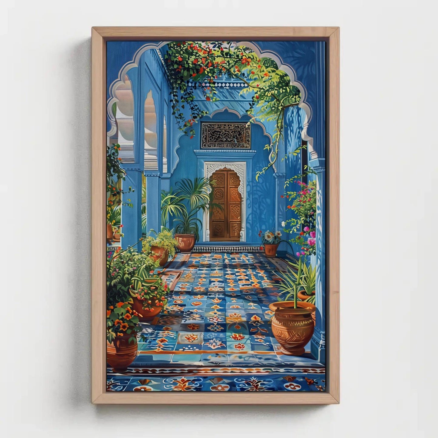 Blue Indian Palace Aangan, Indian Painting, Framed Canvas Wall Art, India Wall Decor, Entryway Decor, Ready To Hang Wall Art – Canvas Print