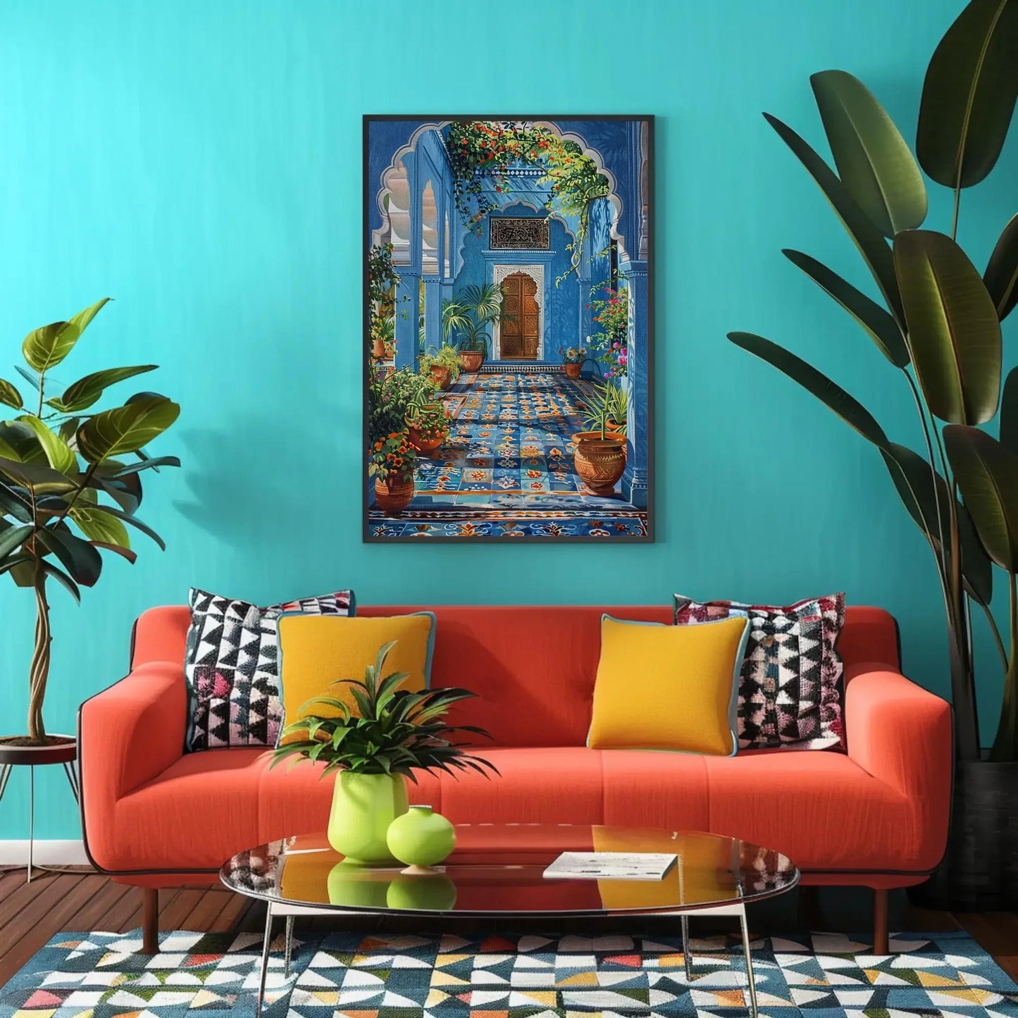 Blue Indian Palace Aangan, Indian Painting, Framed Canvas Wall Art, India Wall Decor, Entryway Decor, Ready To Hang Wall Art – Canvas Print