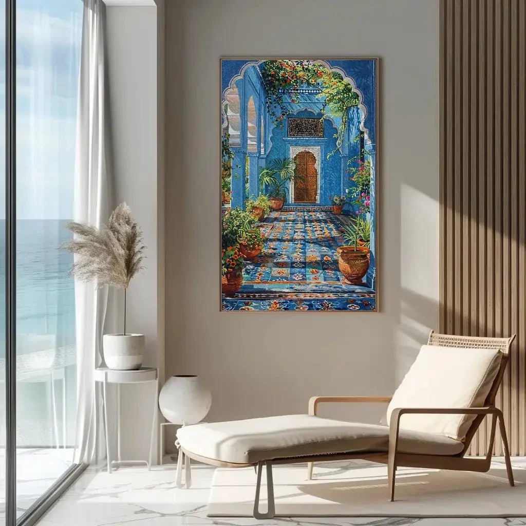 Blue Indian Palace Aangan, Indian Painting, Framed Canvas Wall Art, India Wall Decor, Entryway Decor, Ready To Hang Wall Art – Canvas Print