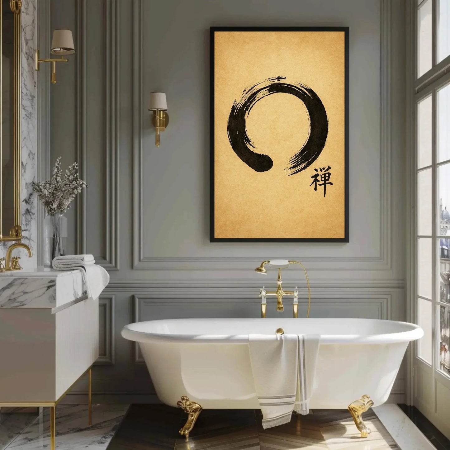 Zen Enso Circle Japanese Calligraphy Canvas Art with Minimalist Ink Brush Stroke and Kanji Symbol for Meditation Decor Wall Art – Canvas Print