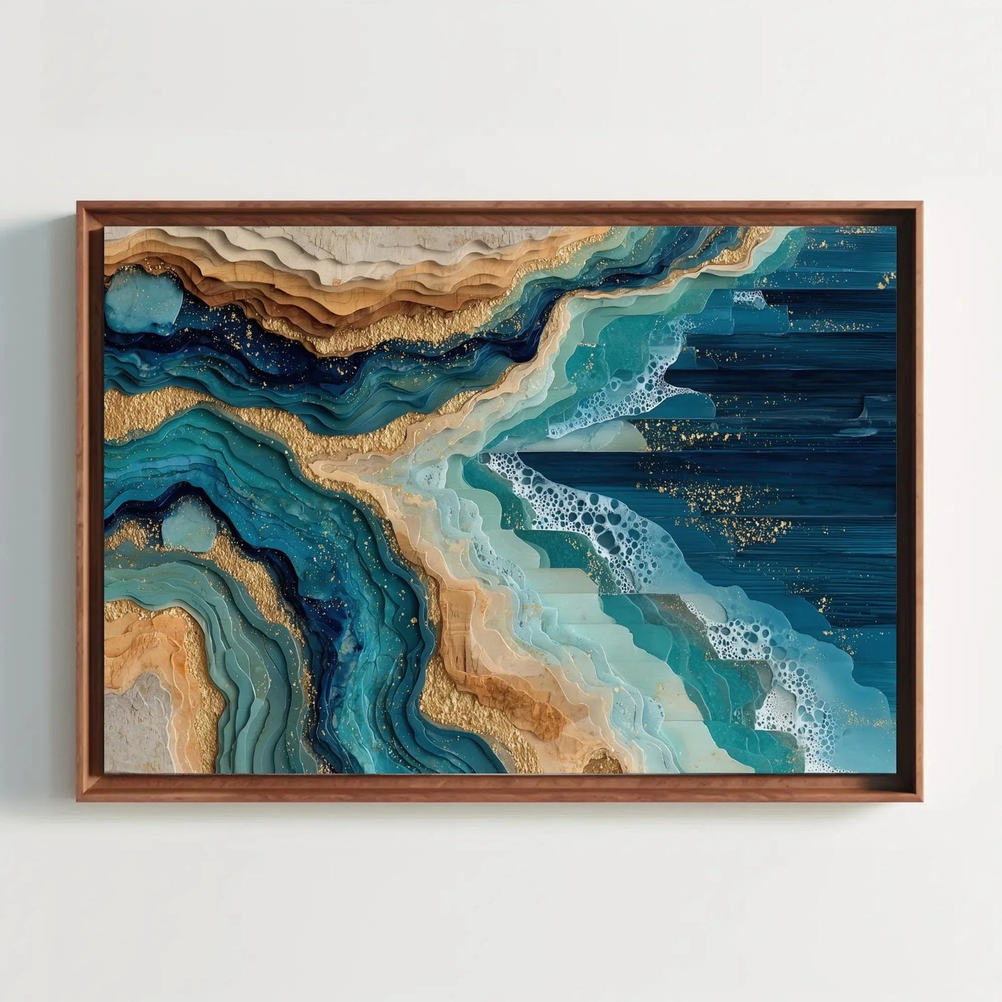 Abstract Ocean Waves Canvas Art, Gold Teal Blue Coastal Wall Decor, Layered Seascape Print, Modern Beach House Art, Serene Nature Gift Wall Art – Canvas Print