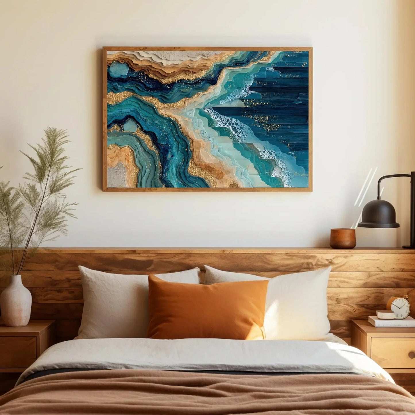 Abstract Ocean Waves Canvas Art, Gold Teal Blue Coastal Wall Decor, Layered Seascape Print, Modern Beach House Art, Serene Nature Gift Wall Art – Canvas Print