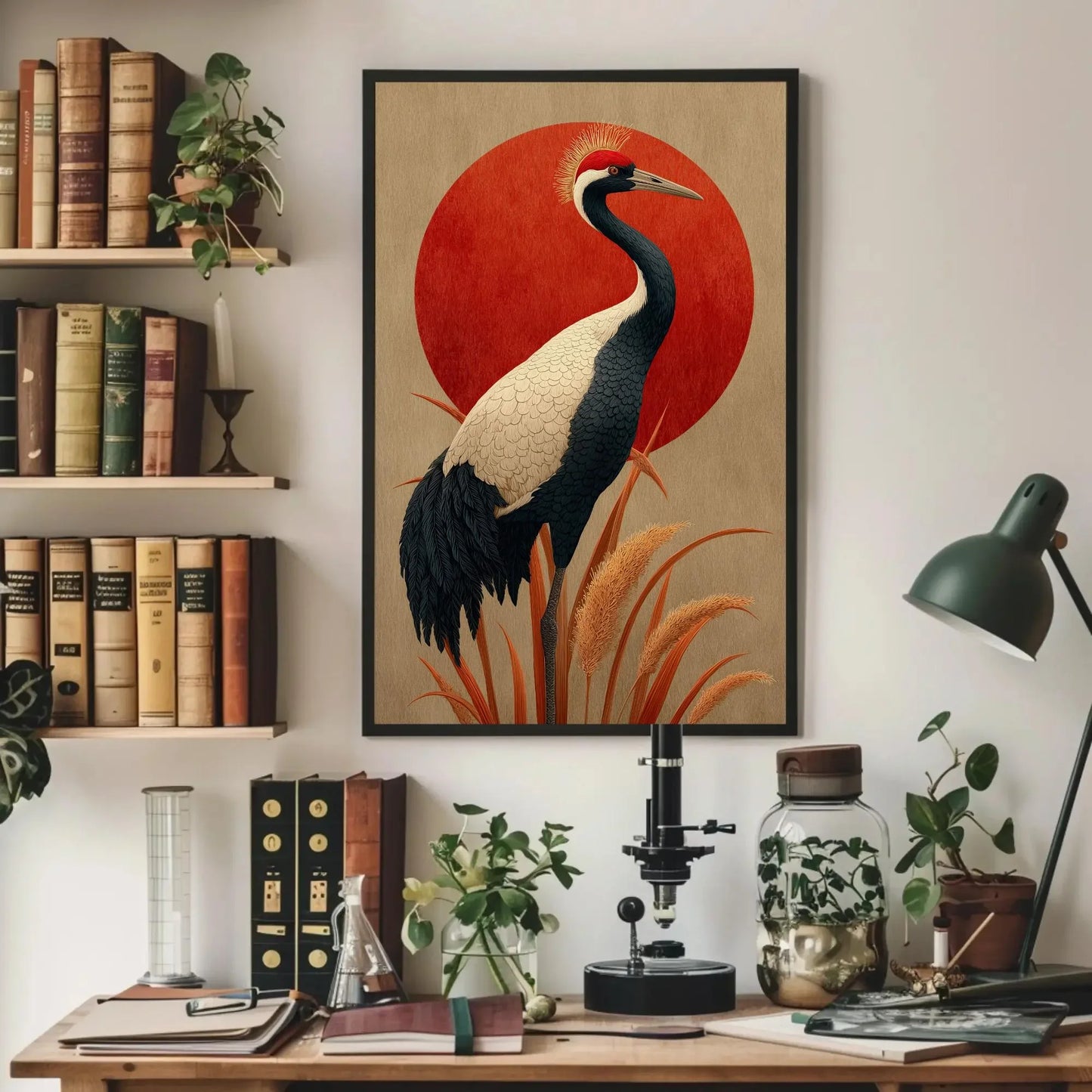 Japandi Crane Canvas Print, Red Sun Japanese Wall Art, Minimalist Bird Decor, Beige Neutral Zen Artwork, Serene Nature Gift for Home Wall Art – Canvas Print