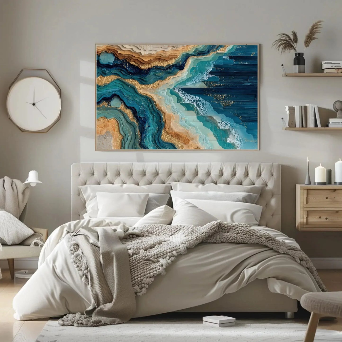 Abstract Ocean Waves Canvas Art, Gold Teal Blue Coastal Wall Decor, Layered Seascape Print, Modern Beach House Art, Serene Nature Gift Wall Art – Canvas Print