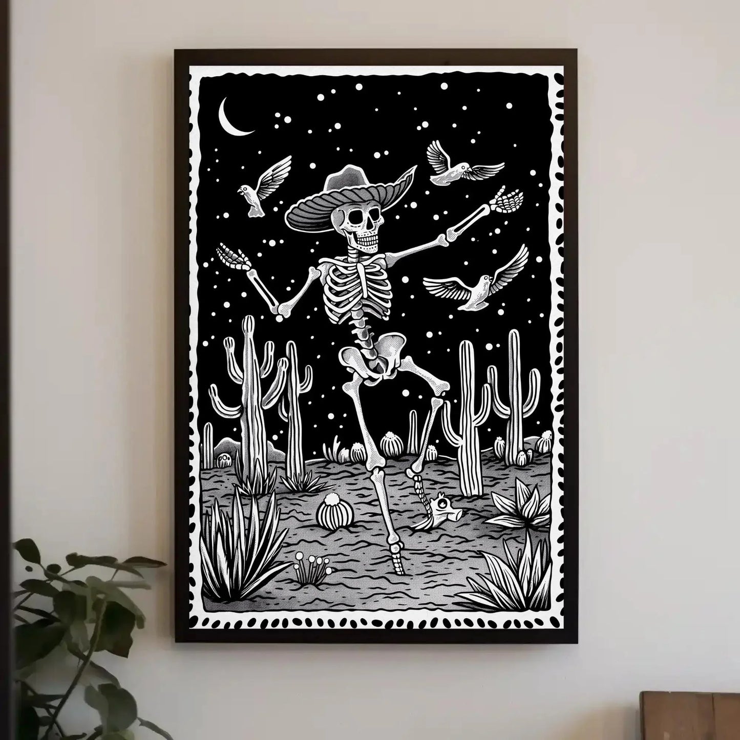 Black and White Skull Desert Canvas Print, Extra Large Mexican Cactus Art, Tattoo-Inspired Wall Decor for Western or Gothic Home Aesthetic Wall Art – Canvas Print