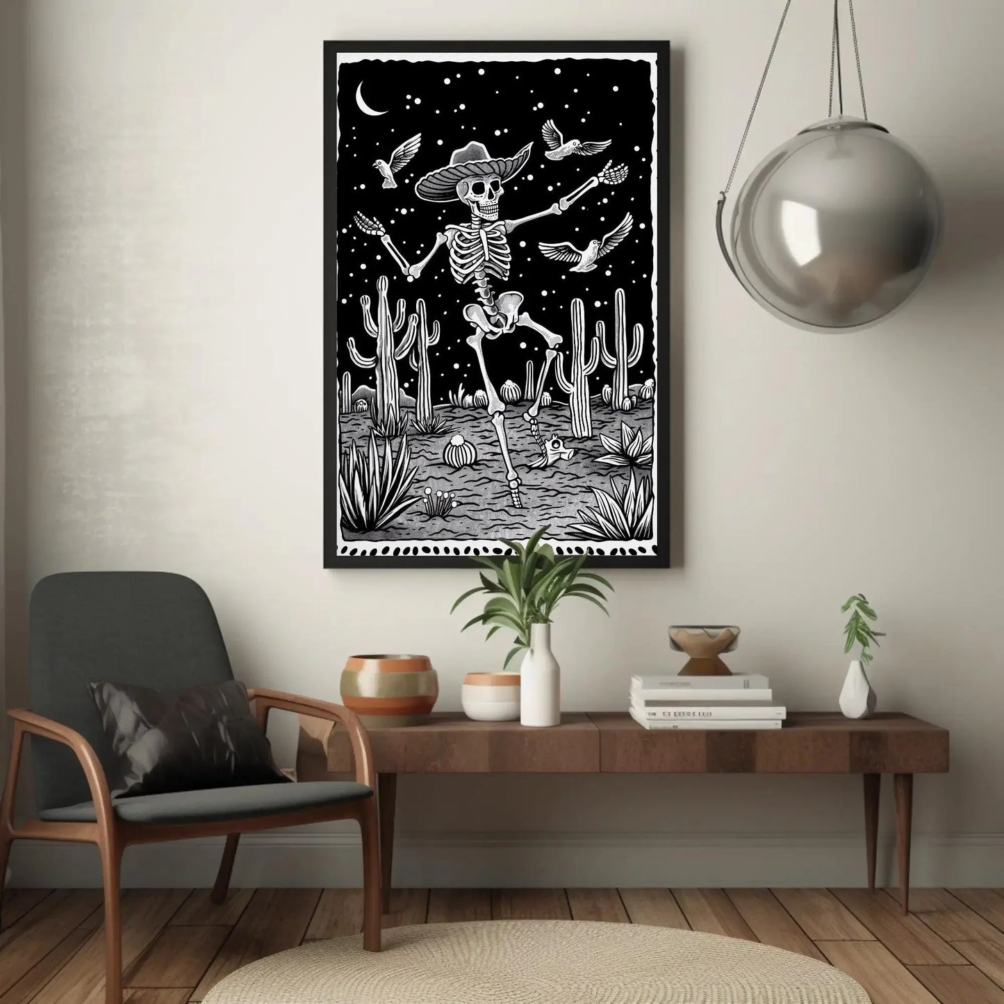 Black and White Skull Desert Canvas Print, Extra Large Mexican Cactus Art, Tattoo-Inspired Wall Decor for Western or Gothic Home Aesthetic Wall Art – Canvas Print