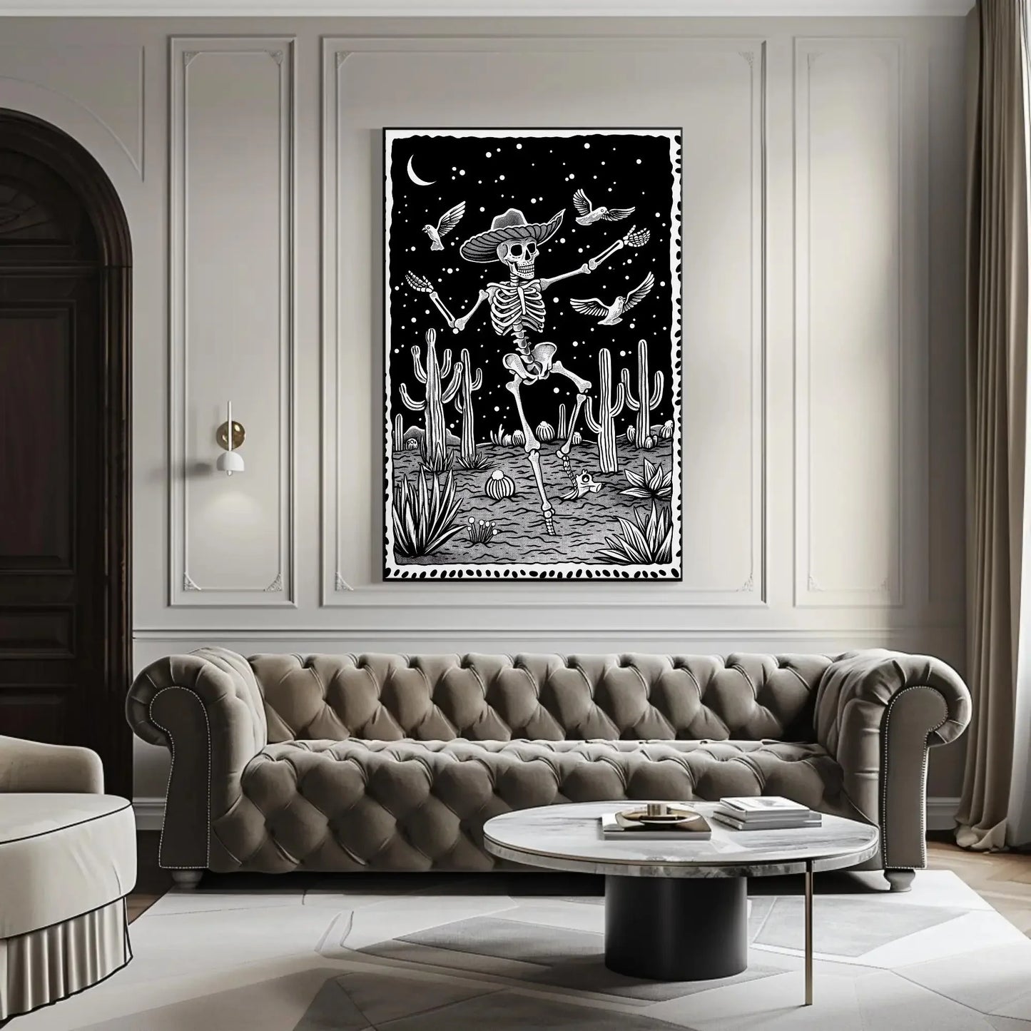 Black and White Skull Desert Canvas Print, Extra Large Mexican Cactus Art, Tattoo-Inspired Wall Decor for Western or Gothic Home Aesthetic Wall Art – Canvas Print