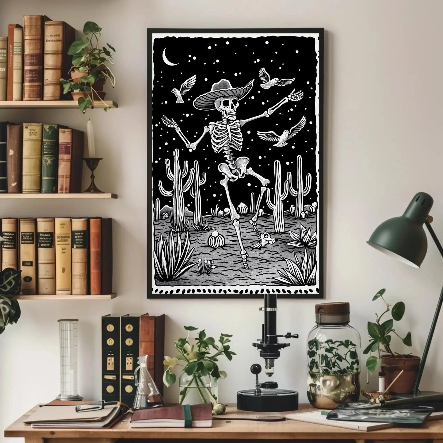 Black and White Skull Desert Canvas Print, Extra Large Mexican Cactus Art, Tattoo-Inspired Wall Decor for Western or Gothic Home Aesthetic Wall Art – Canvas Print