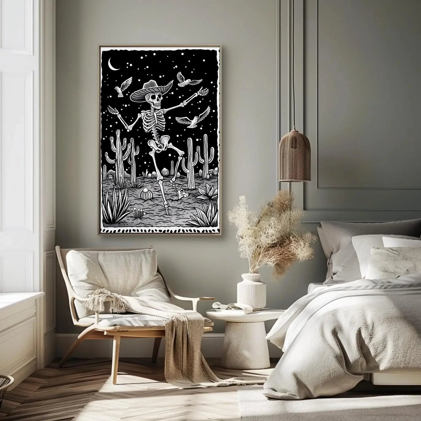 Black and White Skull Desert Canvas Print, Extra Large Mexican Cactus Art, Tattoo-Inspired Wall Decor for Western or Gothic Home Aesthetic Wall Art – Canvas Print