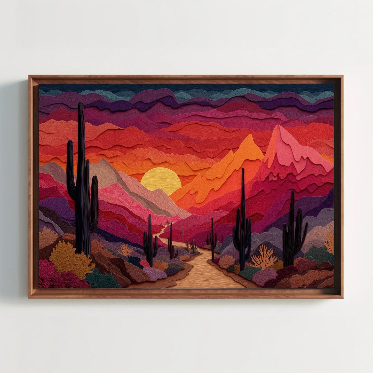 Desert Sunset Paper Cut Art Print, Saguaro Cactus Wall Decor, Modern Graphic Landscape, Orange Purple Sky, Layered Nature Artwork Wall Art – Canvas Print