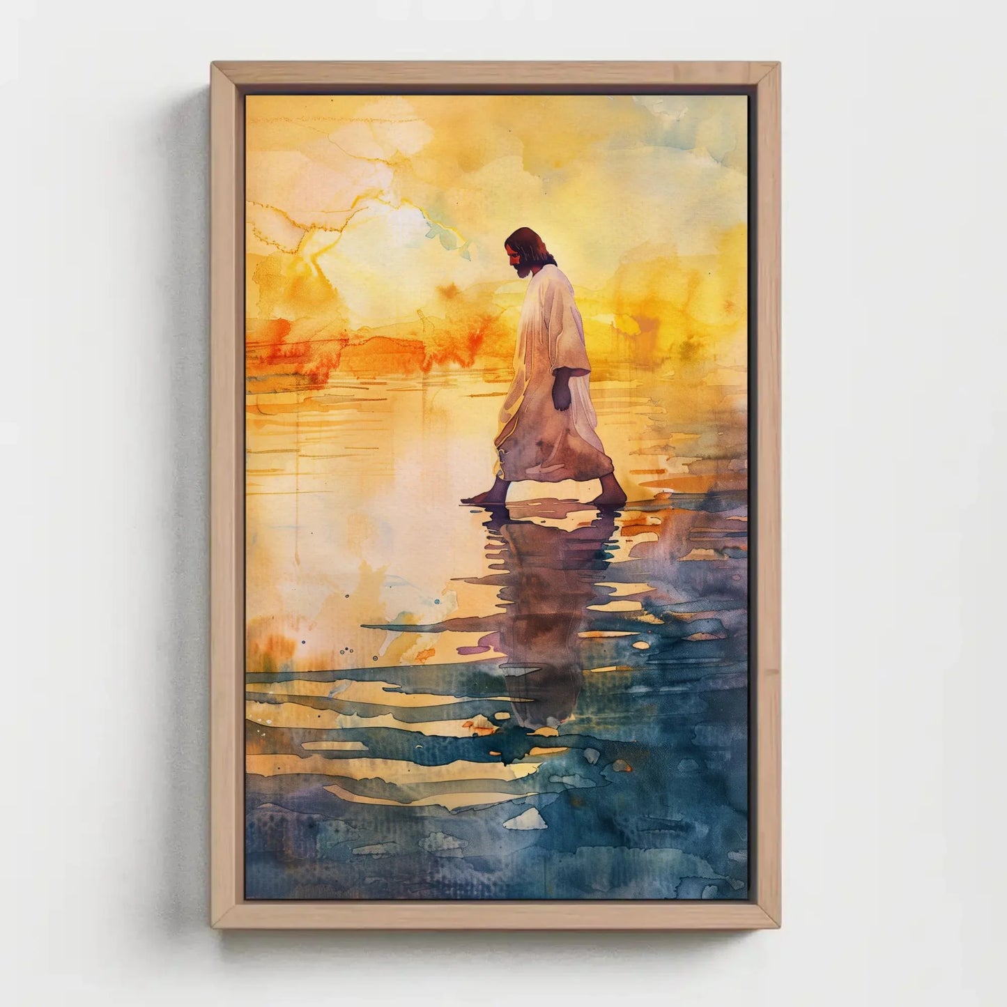 Jesus Walking on Water Sunset Canvas Print - Peaceful Watercolor Christian Painting - Extra Large Faith Wall Art for Home or Prayer Room Wall Art – Canvas Print