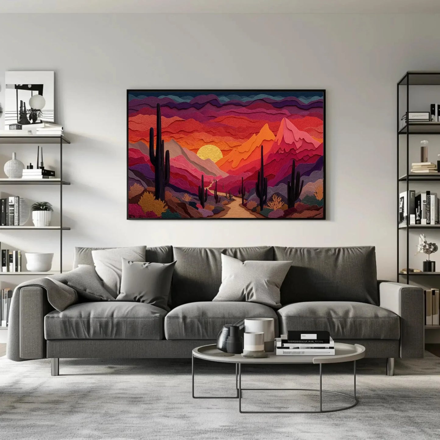 Desert Sunset Paper Cut Art Print, Saguaro Cactus Wall Decor, Modern Graphic Landscape, Orange Purple Sky, Layered Nature Artwork Wall Art – Canvas Print